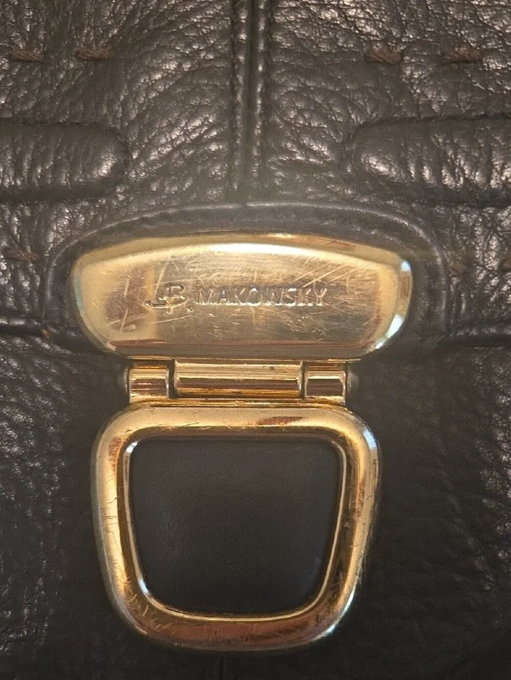 b. makowsky Black Pebbled Leather Shoulder Bag with Gold Hardware